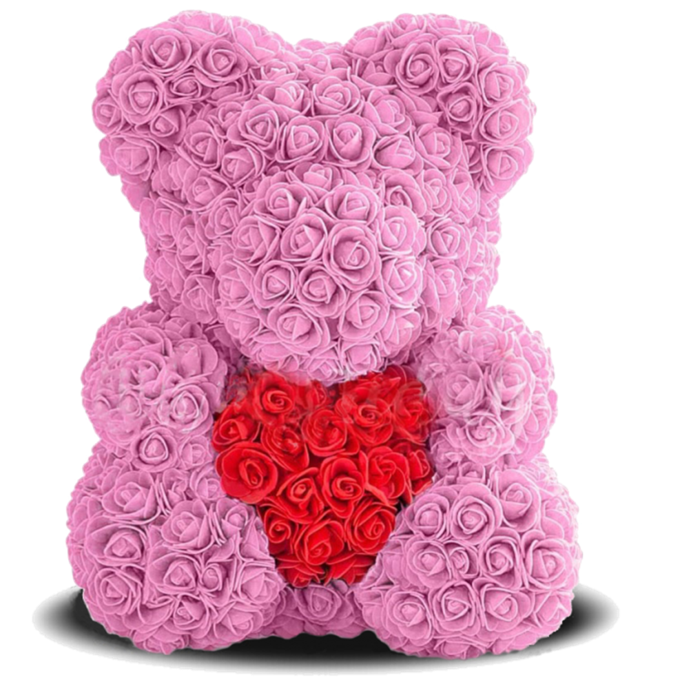 Мишка из роз, розовый с красным сердцем в коробке, 40 см