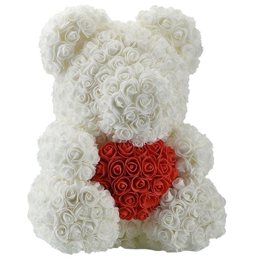Мишка из роз, белый с красным сердцем в коробке, 40 см