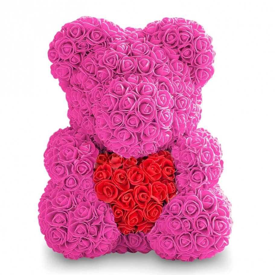 Мишка из роз, фуксия с красным сердцем в коробке, 40 см